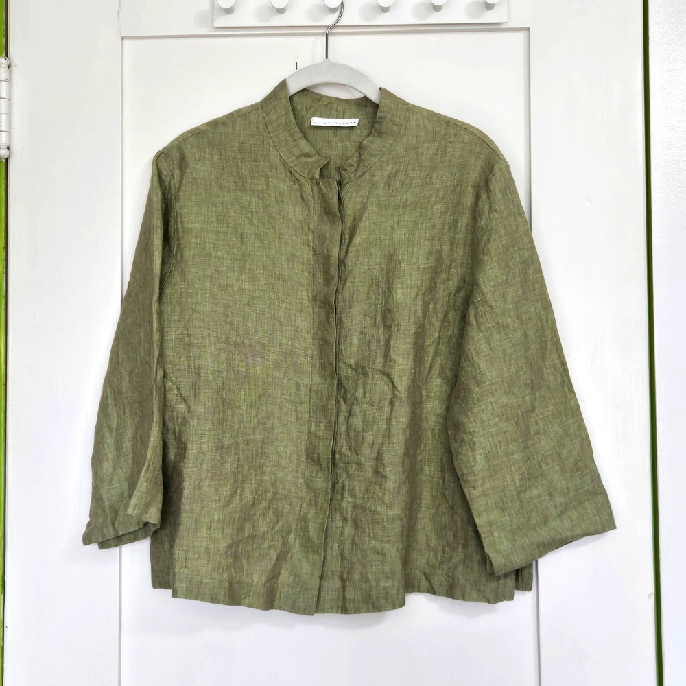 Bryn Walker Linen Shirt Size Medium Lagenlook Olive Green Mandarin Collar Button